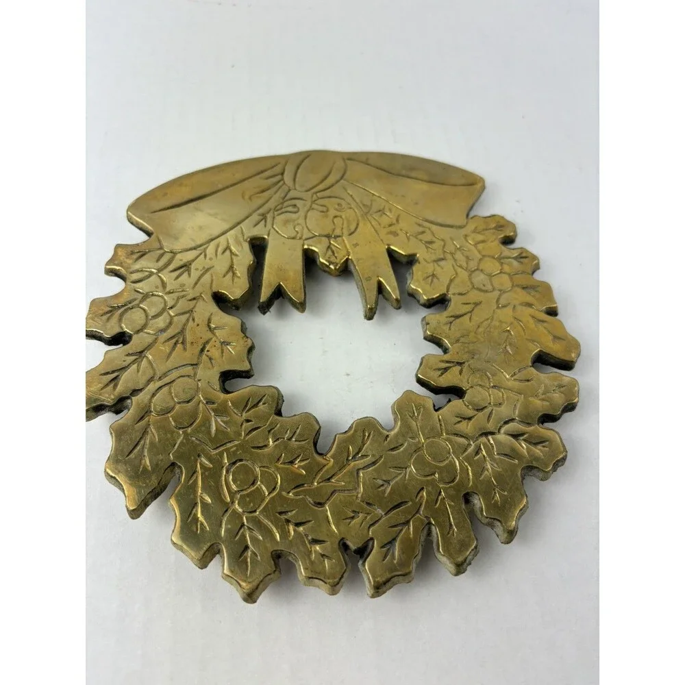 Vintage Christmas Brass Trivet Holly Wreath w/ Bow 7